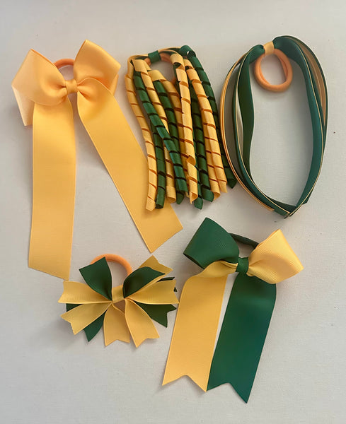 Yellow Gold and Forest Green School Hair Accessories -Ponytail Pack
