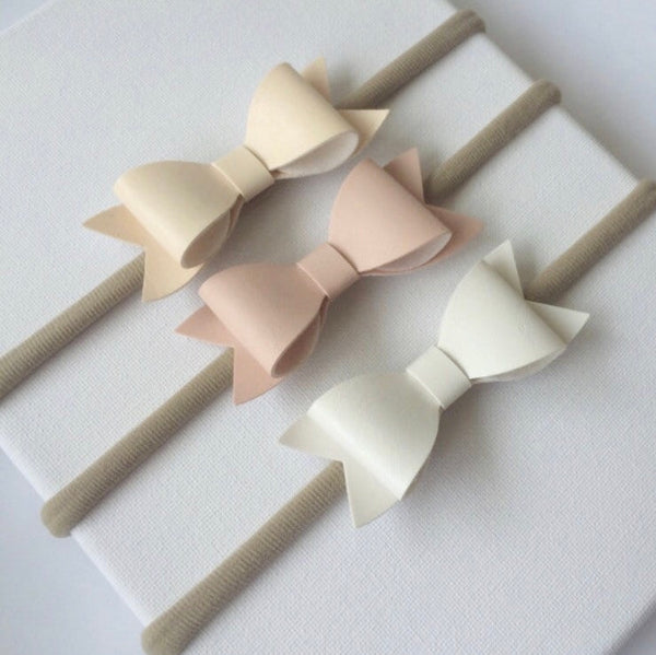 Faux Leather Bow Nylon Headbands 3 pack pink, cream and white