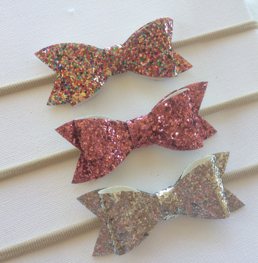 Glitter Bow Nylon Headband 3 pack Rainbow, Pink and Silver