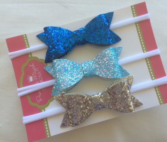 Glitter Bow Nylon Headband 3 pack Royal Blue, Light Blue and Silver