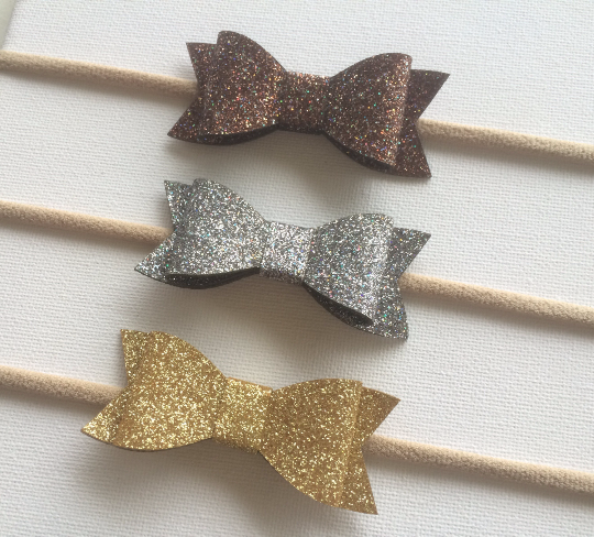 Glitter Bow Nylon Headband 3 pack Gold, Silver and Bronze