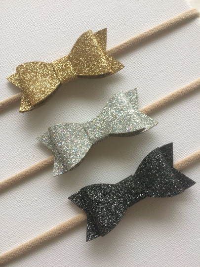 Glitter Bow Nylon Headband 3 pack Gold, Silver and Black