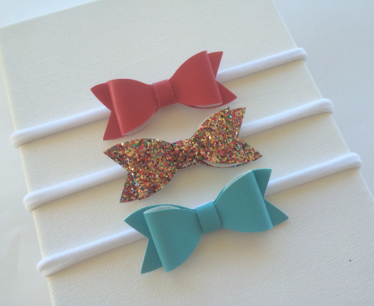Glitter and Faux Leather Bow Nylon Headband 3 pack Pink, Blue and Rainbow