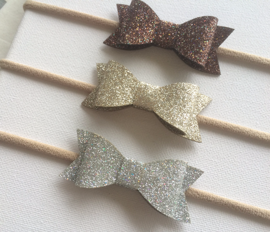 Glitter Bow Nylon Headband 3 pack Light Gold, Light Silver and Bronze