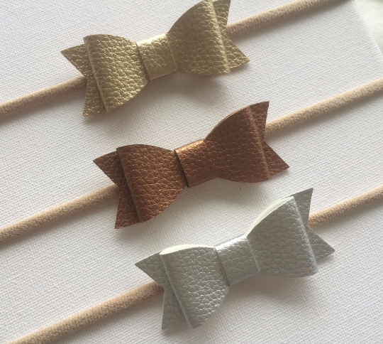 Faux Leather Bow Nylon Headband 3 pack Gold Silver and Bronze