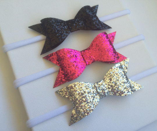 Glitter Bow Nylon Headband 3 pack Black, Silver and Hot Pink