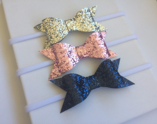 Glitter Bow Nylon Headband 3 pack Navy, Silver and Pink