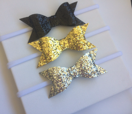 Glitter Bow Nylon Headband 3 pack Black, Gold and Silver