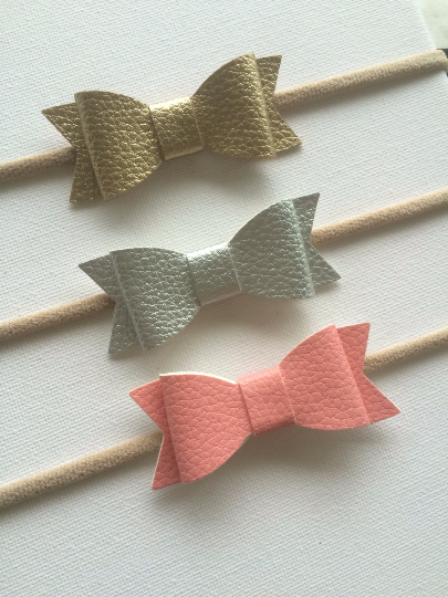 Faux Leather Bow Nylon Headband 3 pack Silver, Gold and Pink