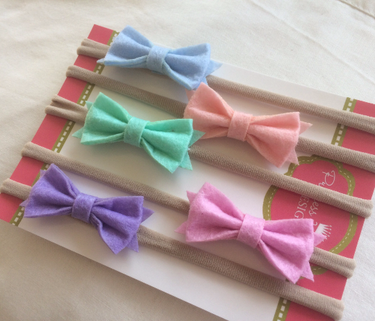 Felt Bows Nylon Headband Set of 5 - light blue, peach, aqua, musk pink and lavender