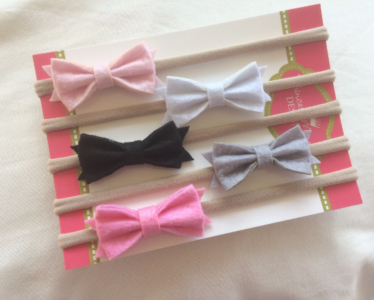 Felt Bows Nylon Headband Set of 5 -baby pink, white, black, grey and pink