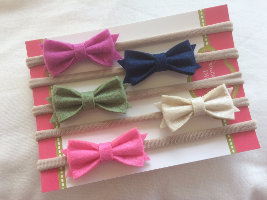 Felt Bows Nylon Headband Set of 5 -rose pink, navy, moss green, ivory and candy pink