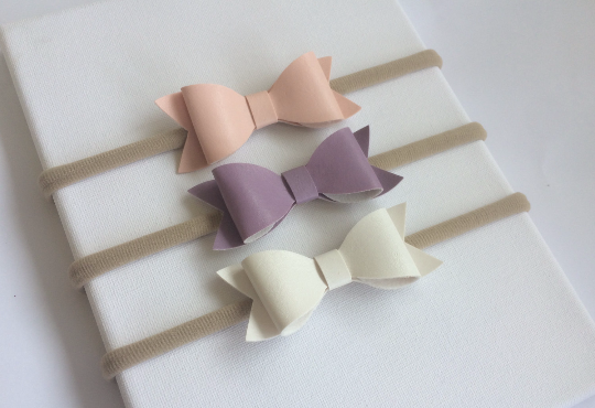 Faux Leather Bow Nylon Headbands 3 pack pink, purple, white