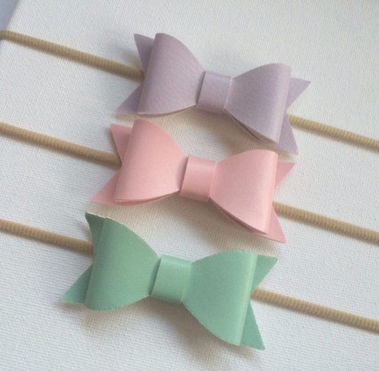 Faux Leather Bow Nylon Headbands 3 pack pink, purple, mint