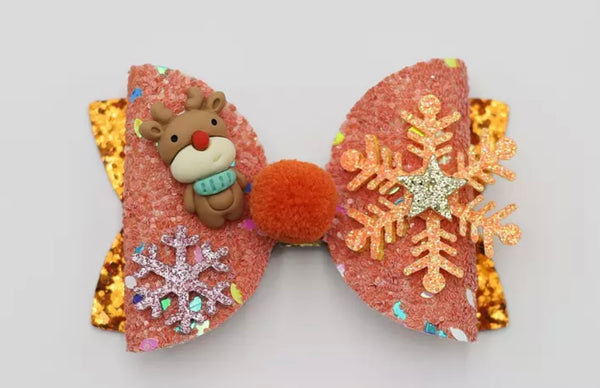 Christmas Snowflake and Reindeer Glitter Bow