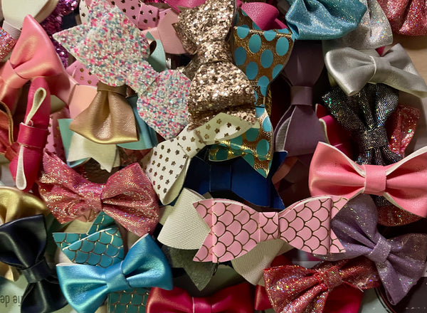Mystery Pack of 6 Assorted Glitter, Faux Leather Bow Hair Clips