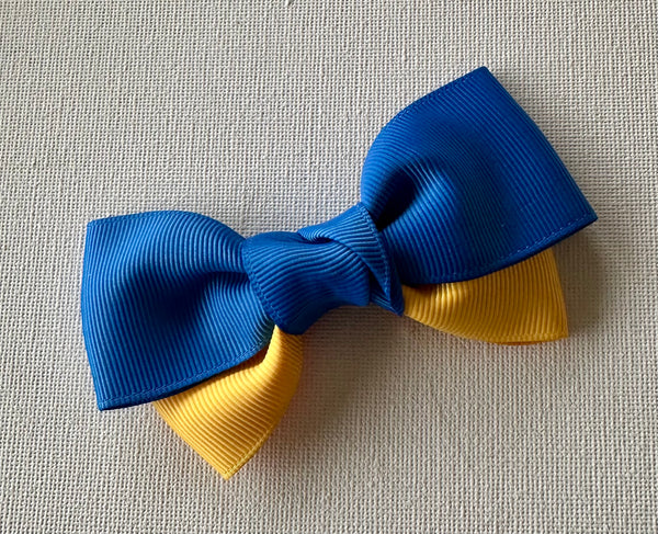 Royal blue and yellow gold double bow hair clip