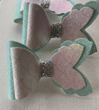 Mermaid Tail Aqua Glitter and White Glitter Bow Clip