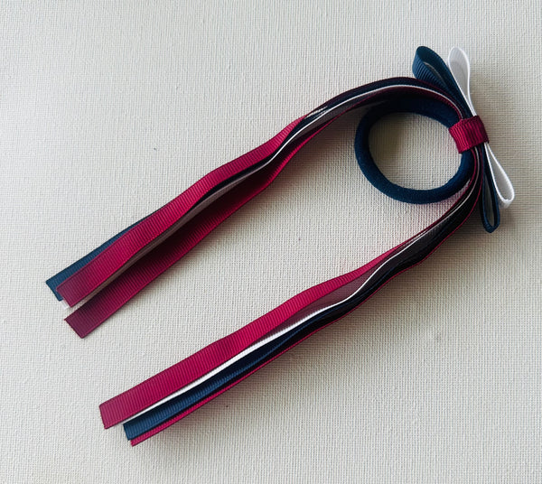 Double bow hair tie navy blue, maroon and white