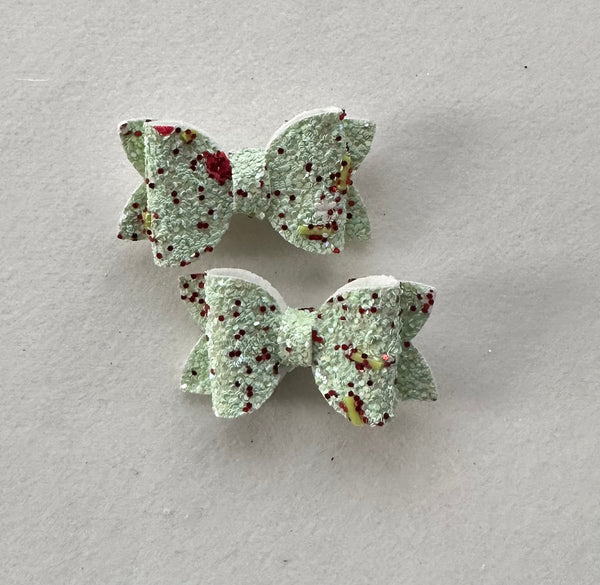 Pigtail pair Christmas Green and Red Glitter Mini Bows