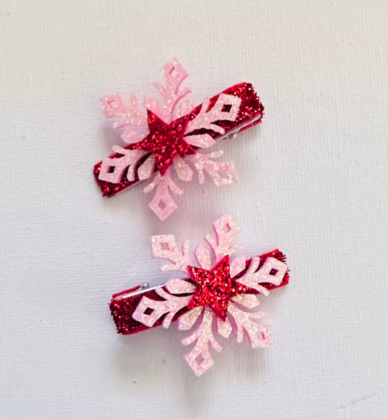 Pair Pink and Red Snowflake Glitter Bow Hair Clips