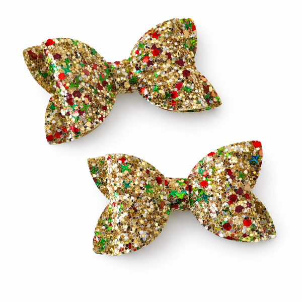 Christmas Gold, Green and Red Glitter Pigtail Pair Bows