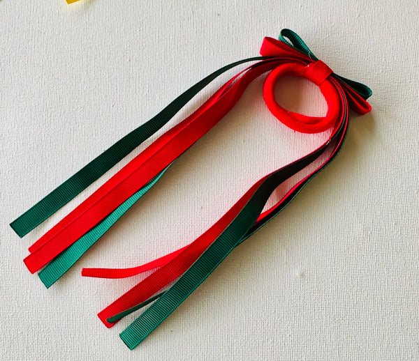 Double bow hair tie Hunter green and red