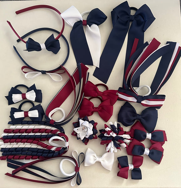 Maroon, navy and white School Hair Accessories Pack