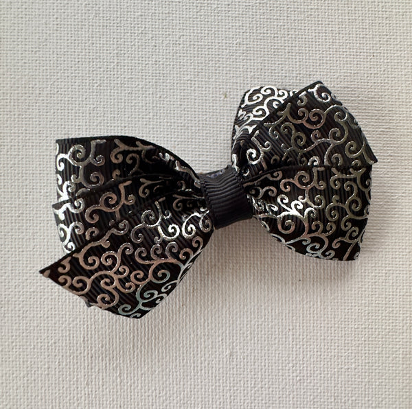 Black and Silver Swirls Hair Bow Clip