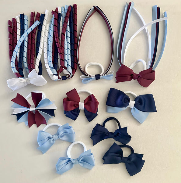 Burgundy, navy, white, bluebird (light blue) school Hair Accessories Pack