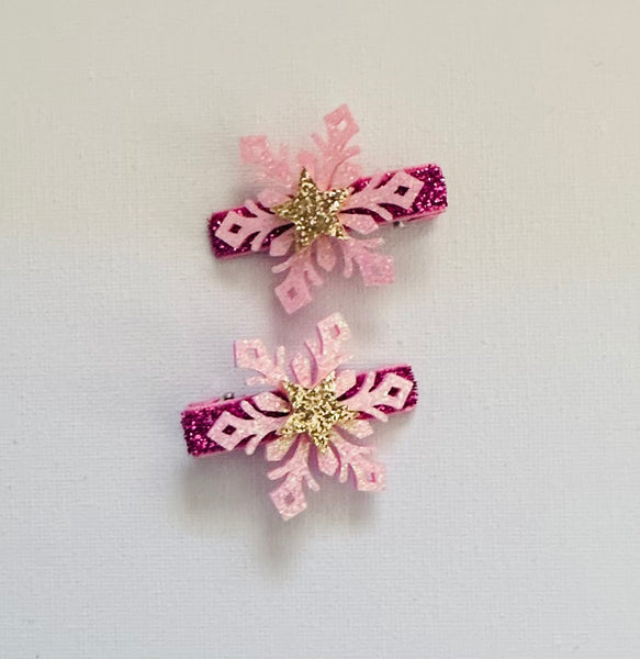 Pair Pink and Gold Snowflake Glitter Bow Hair Clips
