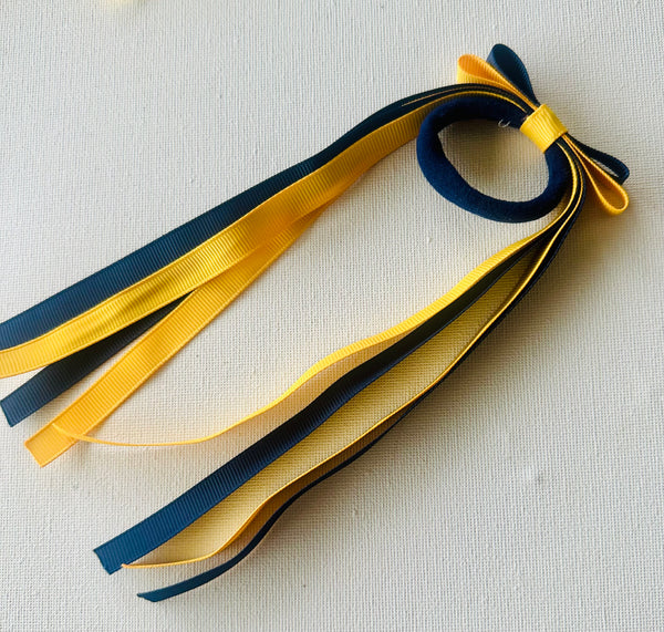 Double bow hair tie yellow gold and navy