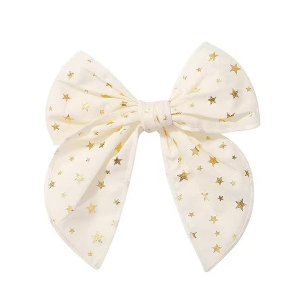 Cream and Gold Star Fable Bow Christmas Hair Clip