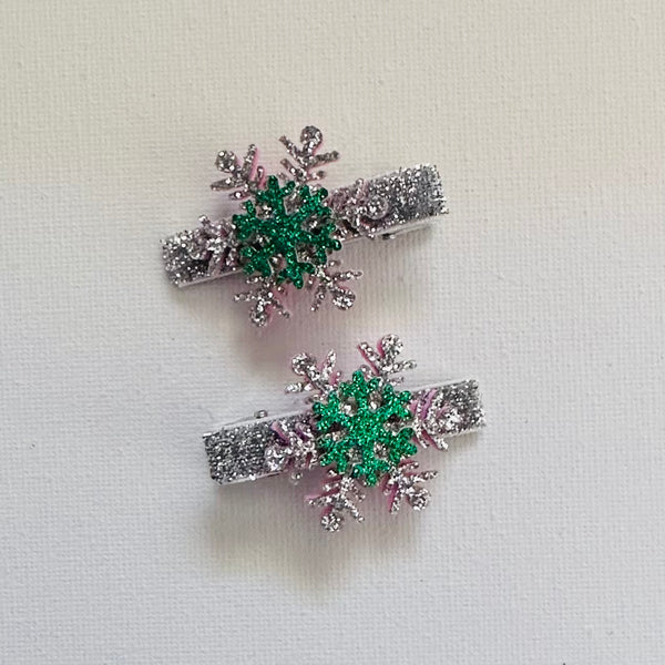Pair Silver and Green Snowflake Glitter Bow Hair Clips