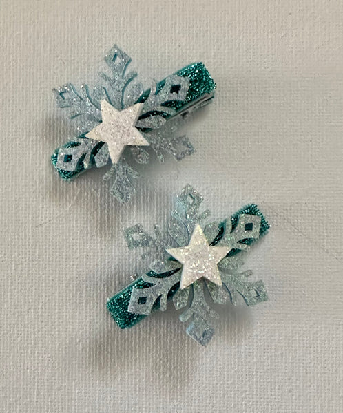 Pair Light Blue Snowflake Glitter Bow Hair Clips
