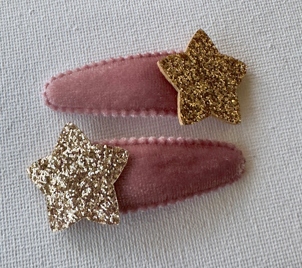 Christmas Gold Glitter Star Snap Clip Pair Pink