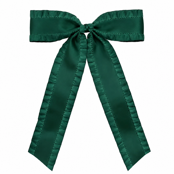 Hunter Green Ruffle Ribbon Bow Clip Long Tail School Hair Accessories