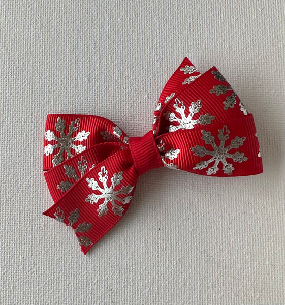 Red and Silver Snowflake Hair Bow Clip
