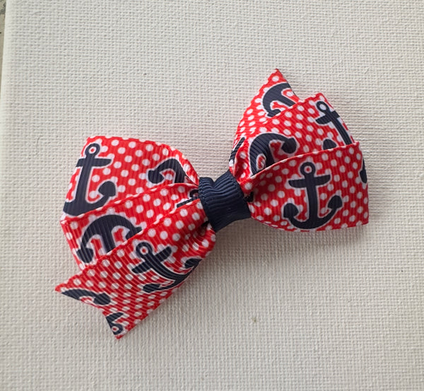 Red and Navy Anchor Nautical Bow Hair Bow Clip