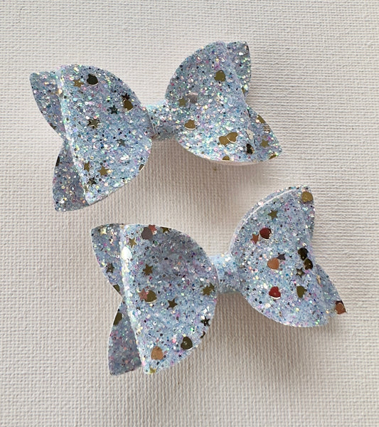 Light Blue Gold Glitter Hearts Pigtail Bow Pair