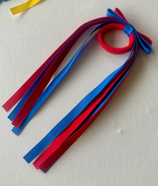 Double bow hair tie royal blue and red