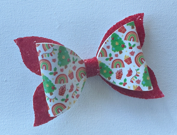 Christmas Rainbow and Red Glitter Bow