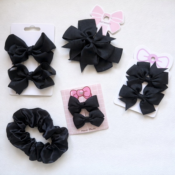 School Hair Accessories Black Pack Bows, Clips, Hair Ties, Scrunchie