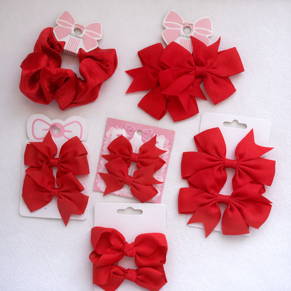 School Hair Accessories Red Pack Bows, Clips, Hair Ties, Scrunchie
