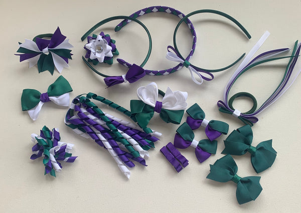 Regal purple, hunter green and white School Hair Accessories Pack
