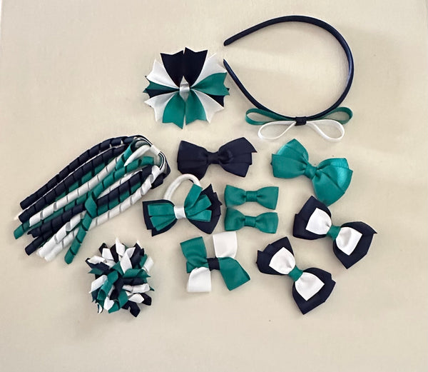 Navy, jade and white School Hair Accessories Pack