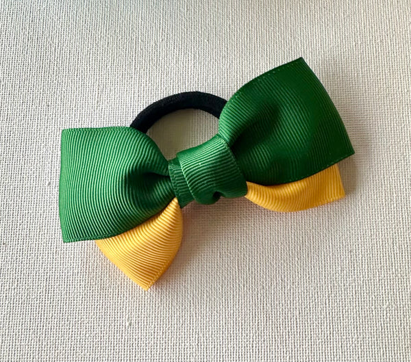 Forest Green and Yellow Gold double bow hair tie