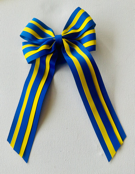 Daffodil yellow and electric blue layered large ribbon bow