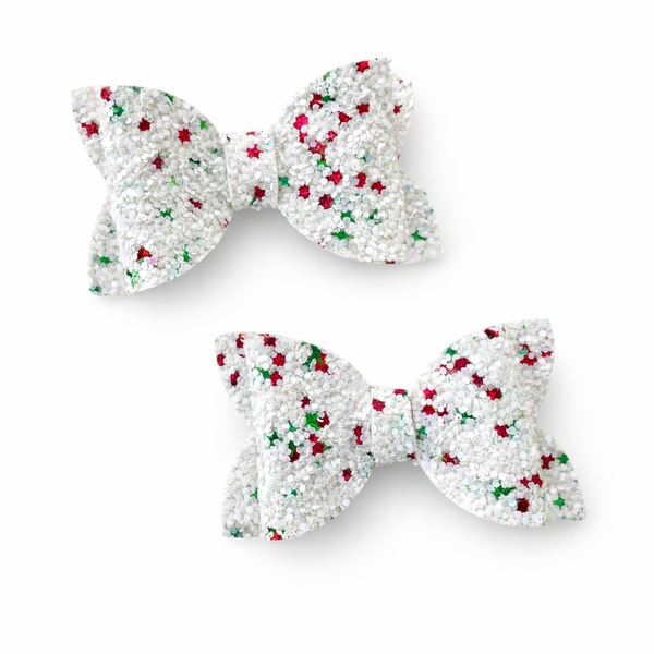 Christmas Glitter Confetti White Pigtail Pair Bows