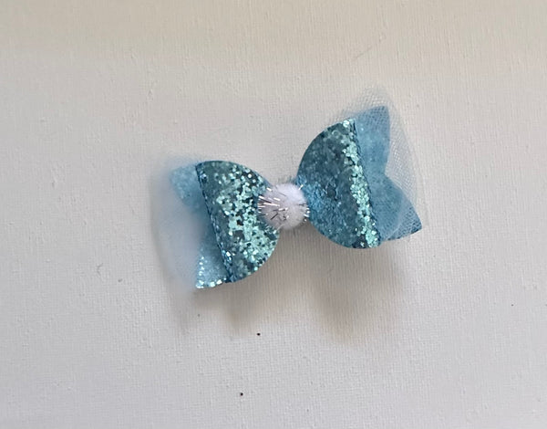 Tulle and Blue Glitter Bow Hair Clip